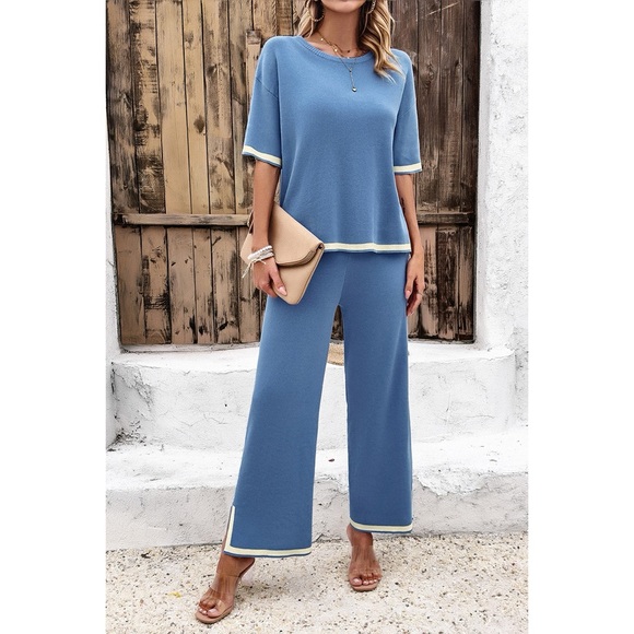 Passion of Essence Pants - Two Pieces Outfits Knit Short Sleeve Wide Leg Lounge Sets